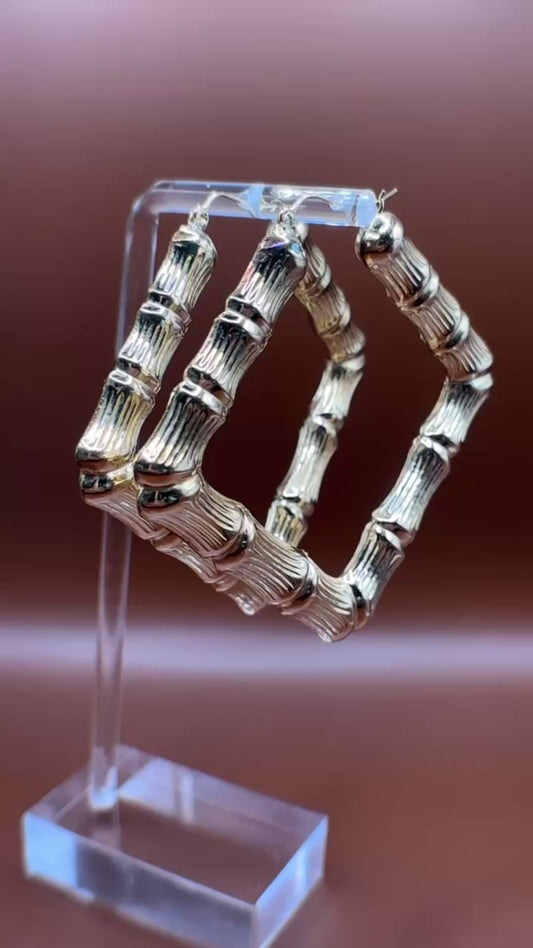 10K Gold Square Bamboo Hoop Earrings – 2" Classic Door Knockers (13g)